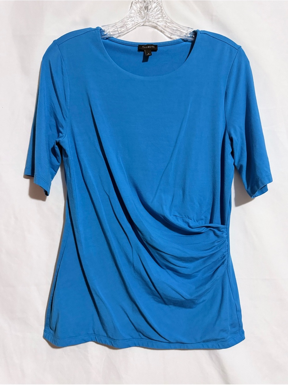 Talbots Women’s S Blue Solid Knit Scoop Neck Ruched Short Sleeve Stretch Top
